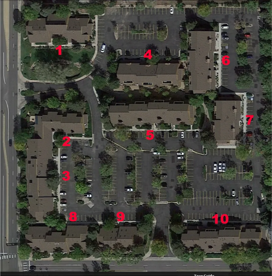 Aerial property map of Greenwood Executive Park with numbered buildings 1 through 10